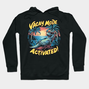 A vivid and amusing design featuring a laid-back dinosaur in sunglasses, lounging effortlessly on a beach chair. (2) Hoodie